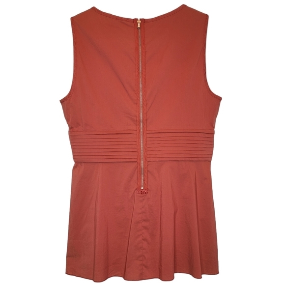 BCBGMAXAZRIA Pleated V Neck Top Sleeveless Woven Cotton Burnt Orange Exposed Zip - Picture 7 of 13
